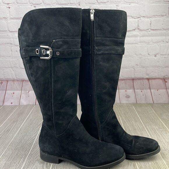 Marc Fisher. Black Suede Tall Boots w/ buckle strap detail.  Women's size 5 - Picture 5 of 9